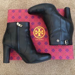 Tory Burch black leather booties gold hardware